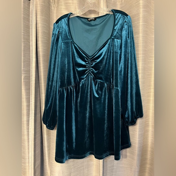 BloomChic Tops - BloomChic Rich Teal Velvet Ruched Boho Babydoll top Classy Blouse